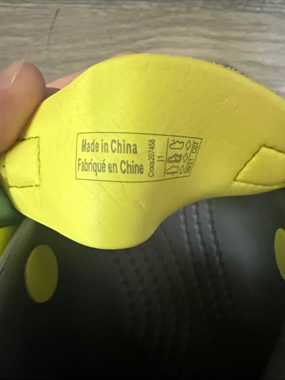 CROCS all terrain Clogs in Gray with Yellow Heel Strap kids size J1